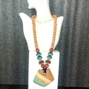 Elegant Beaded Necklace with Colorful Wood Pentagon Pendant